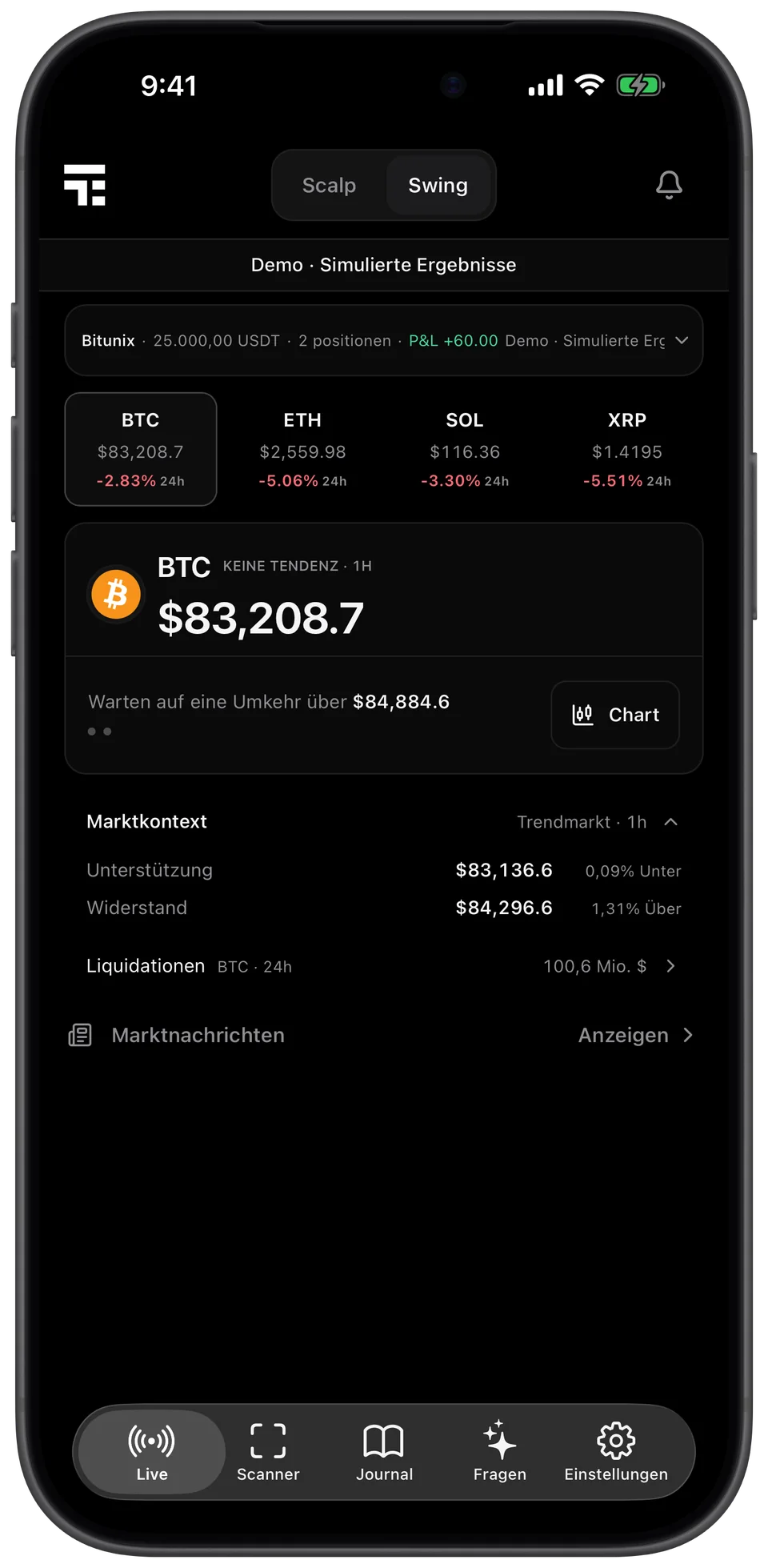 Trade-Echo-App mit einem Live-BTC-Signal