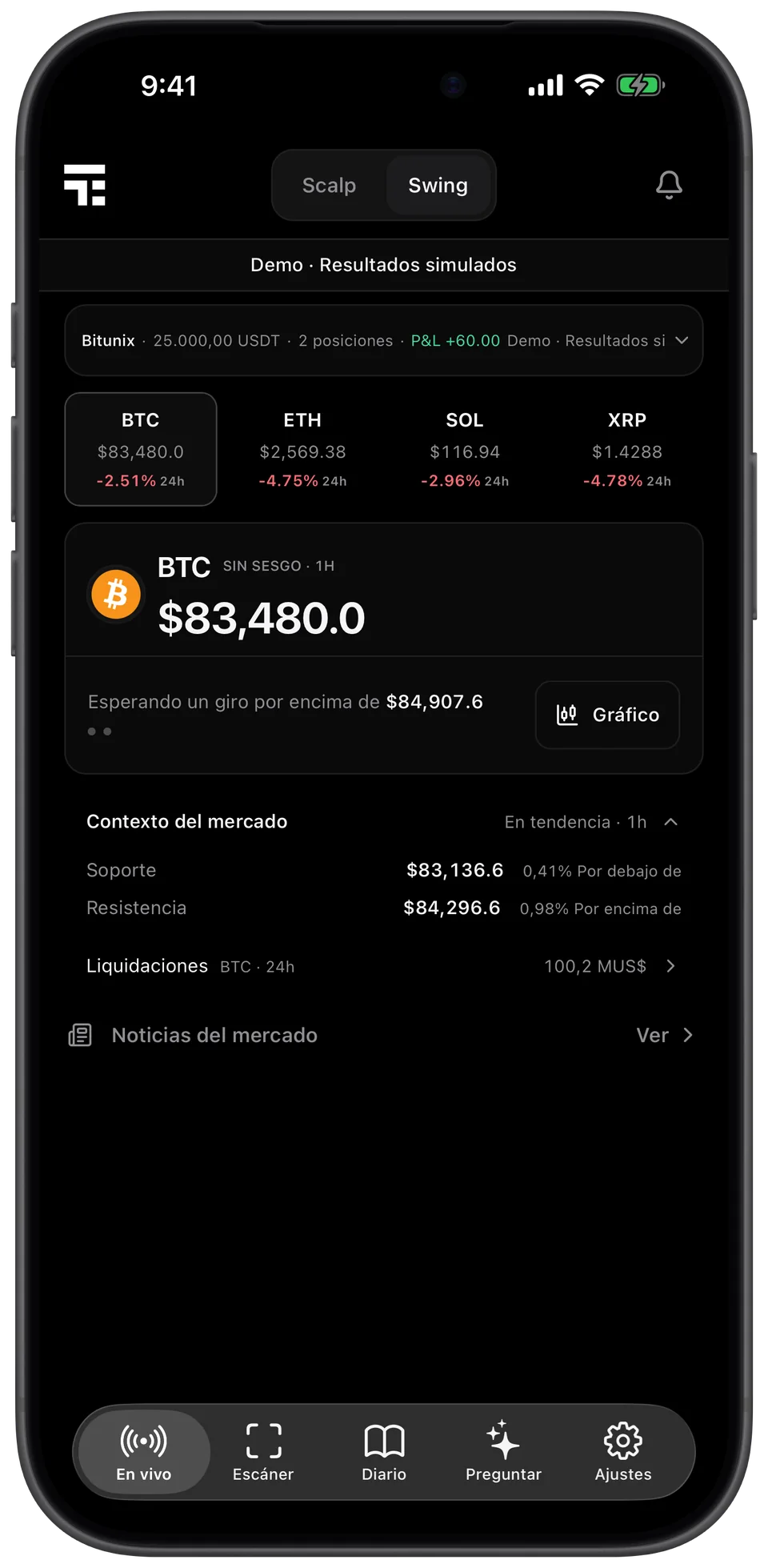 App WickTide mostrando una señal de BTC en vivo