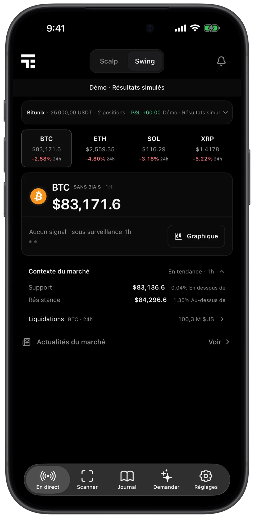 App WickTide affichant un signal BTC en direct