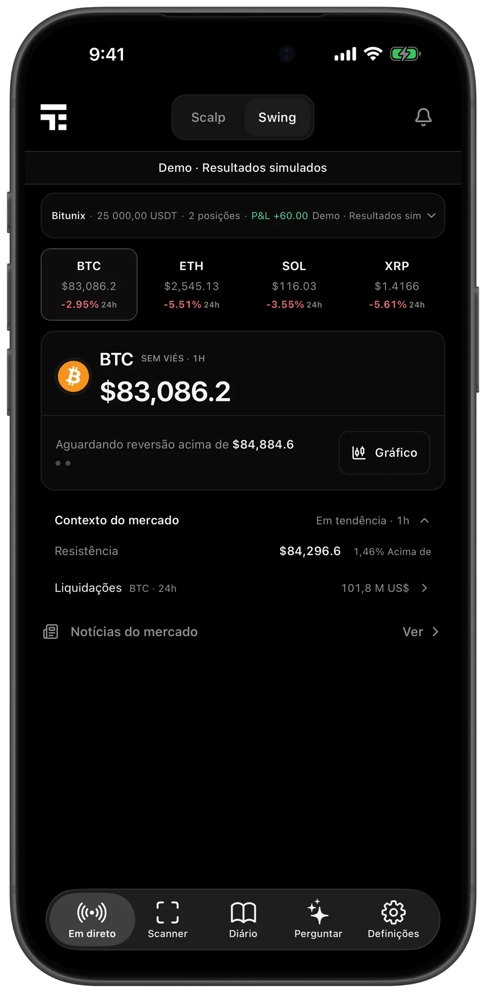 App WickTide a mostrar um sinal de BTC em direto